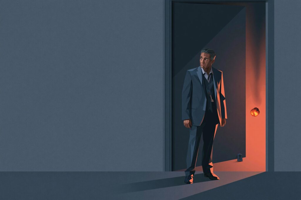 Editorial collage illustration of a competent professional passed over for promotion, symbolizing office politics as a resource allocation system rather than corruption.