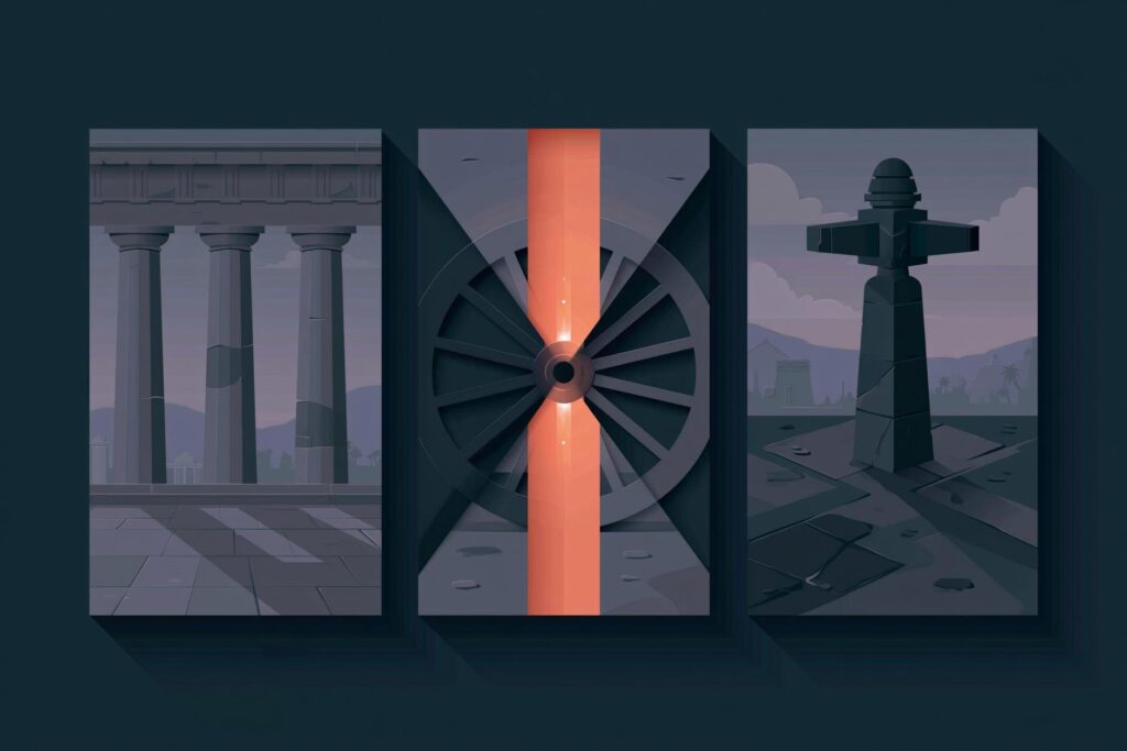 Editorial collage mapping Greek polis, Mahabharata, and Yoruba Eshu traditions onto a single political operating system in modern organizations.